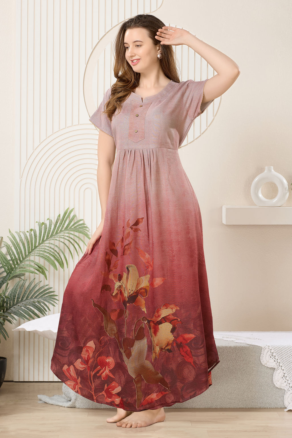 Printed Maxi Nightdress Round Neck Short Sleeves