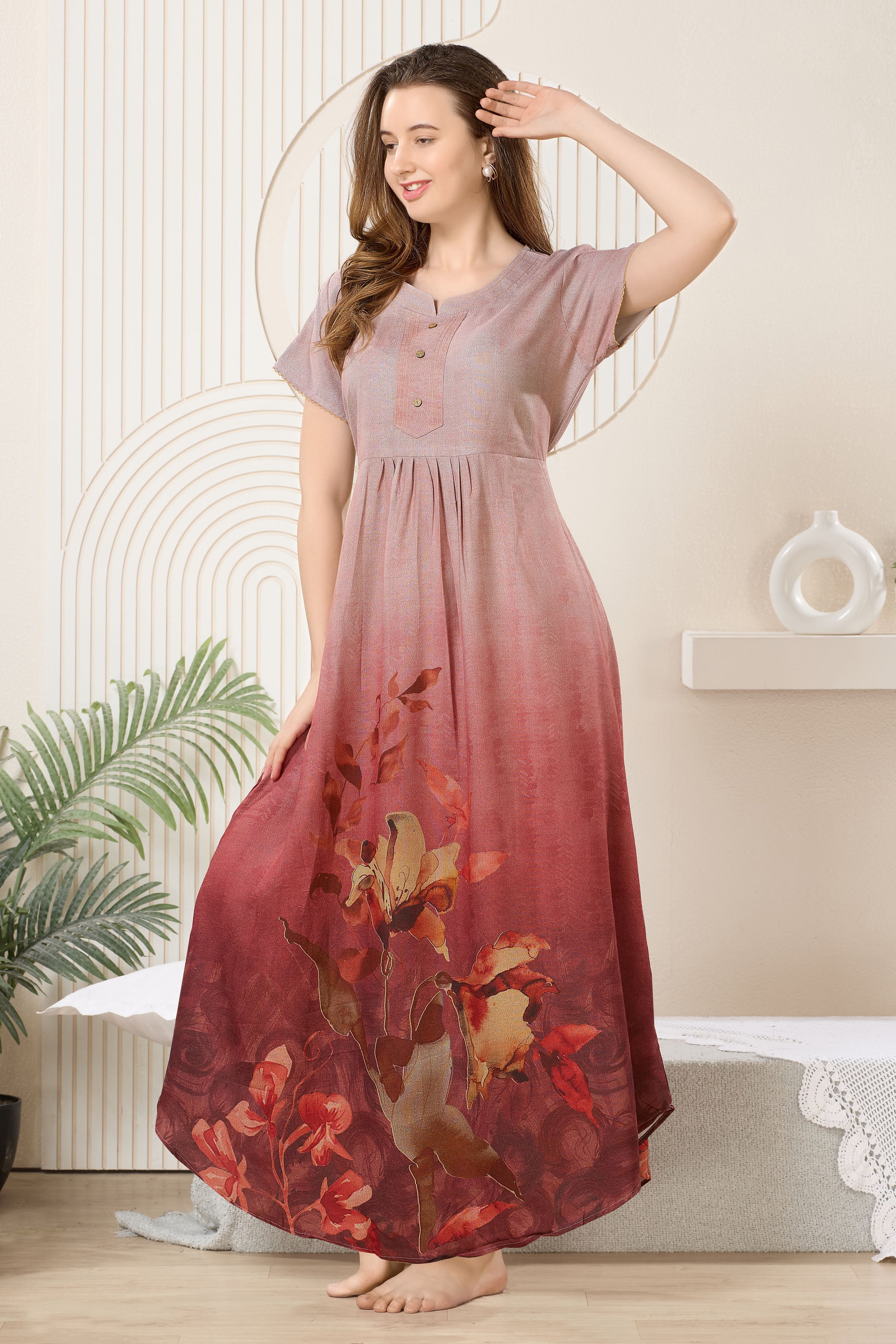 Printed Maxi Nightdress Round Neck Short Sleeves
