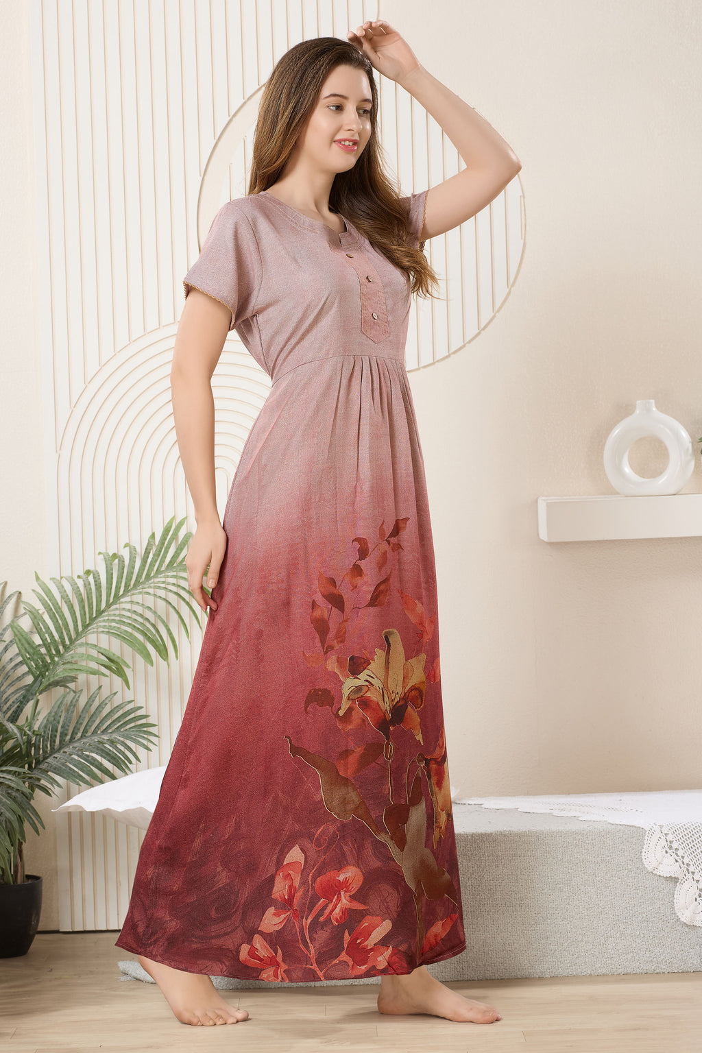Printed Maxi Nightdress Round Neck Short Sleeves