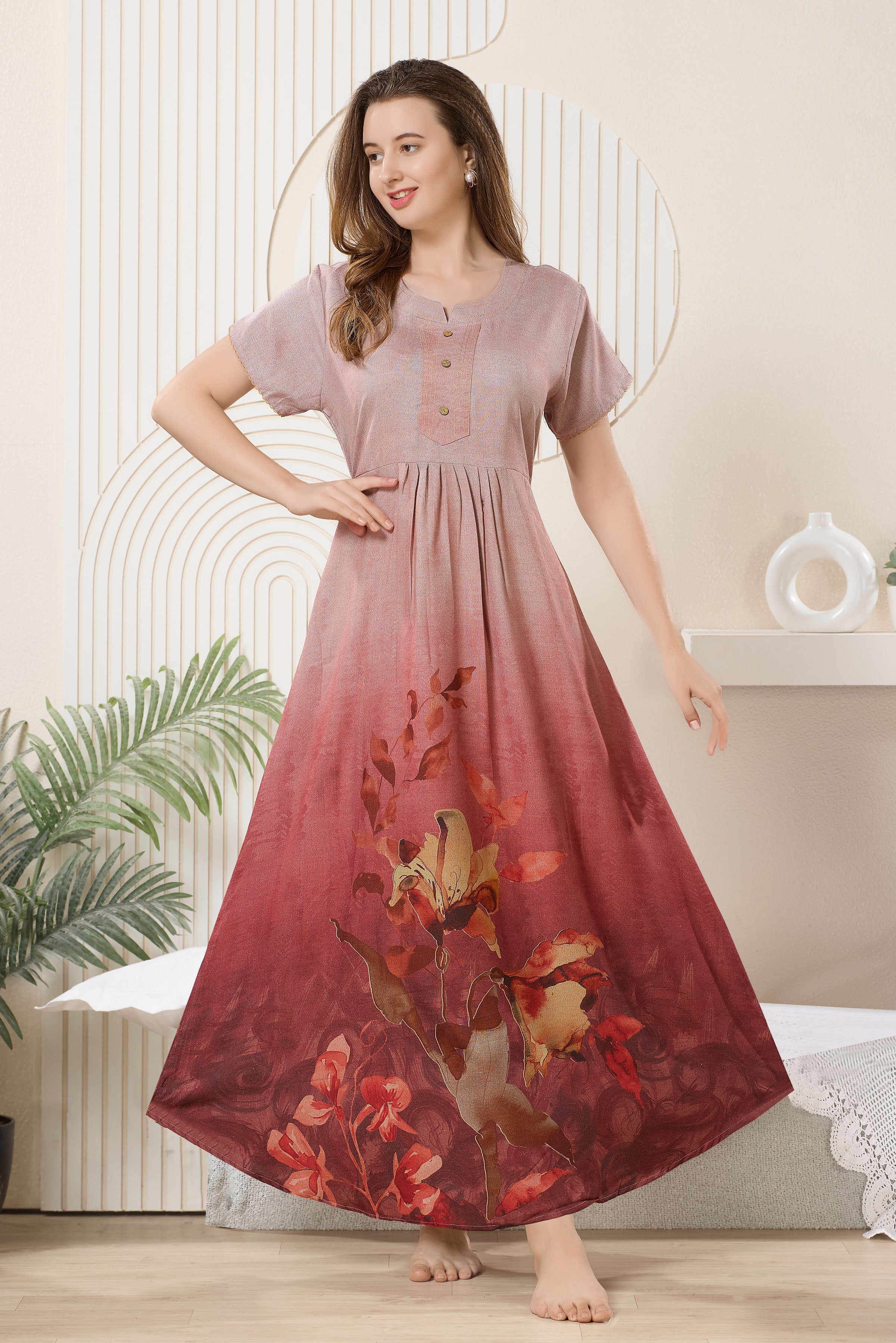 Printed Maxi Nightdress Round Neck Short Sleeves