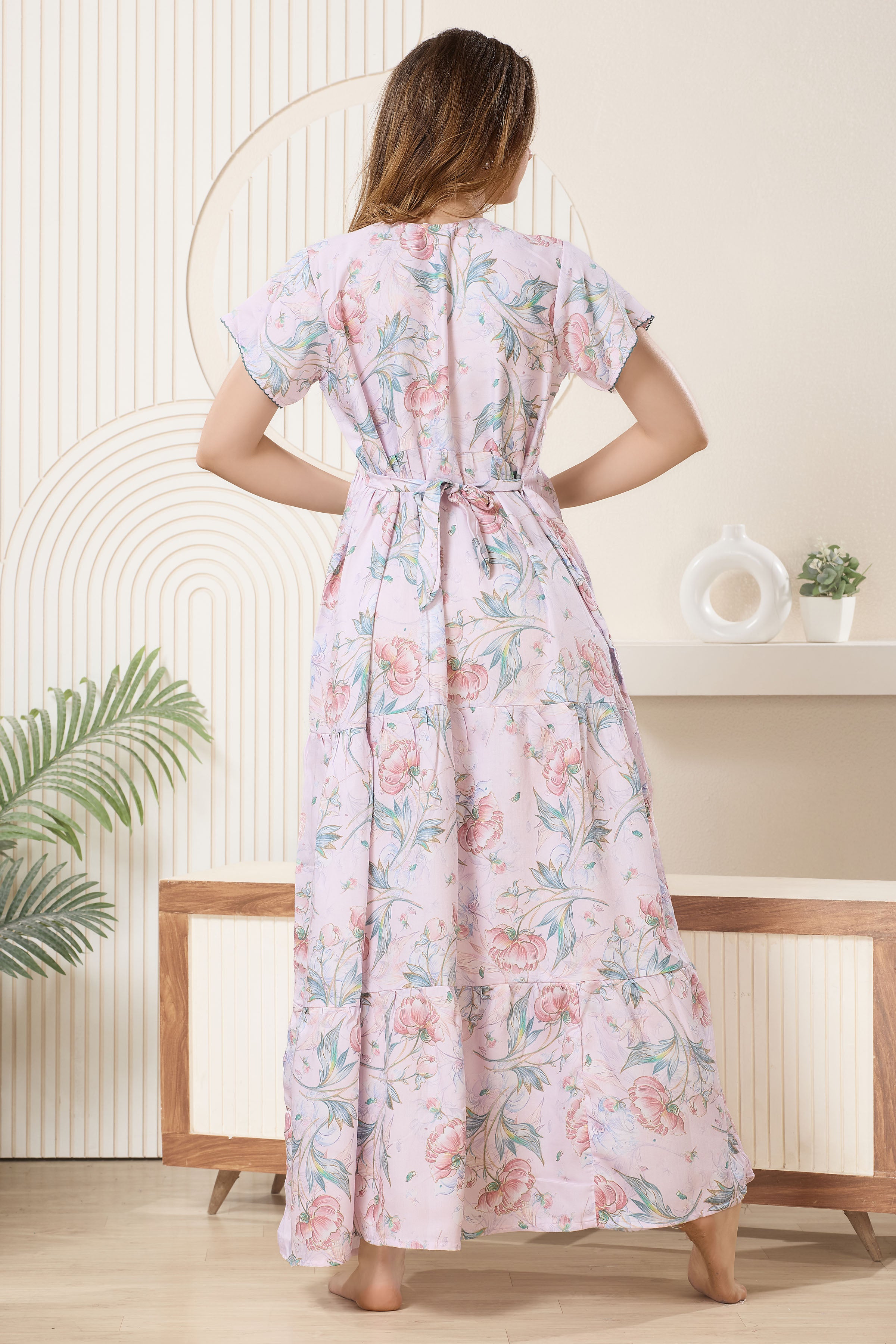 Frock Style Printed Maxi Nightdress Round Neck Short Sleeves