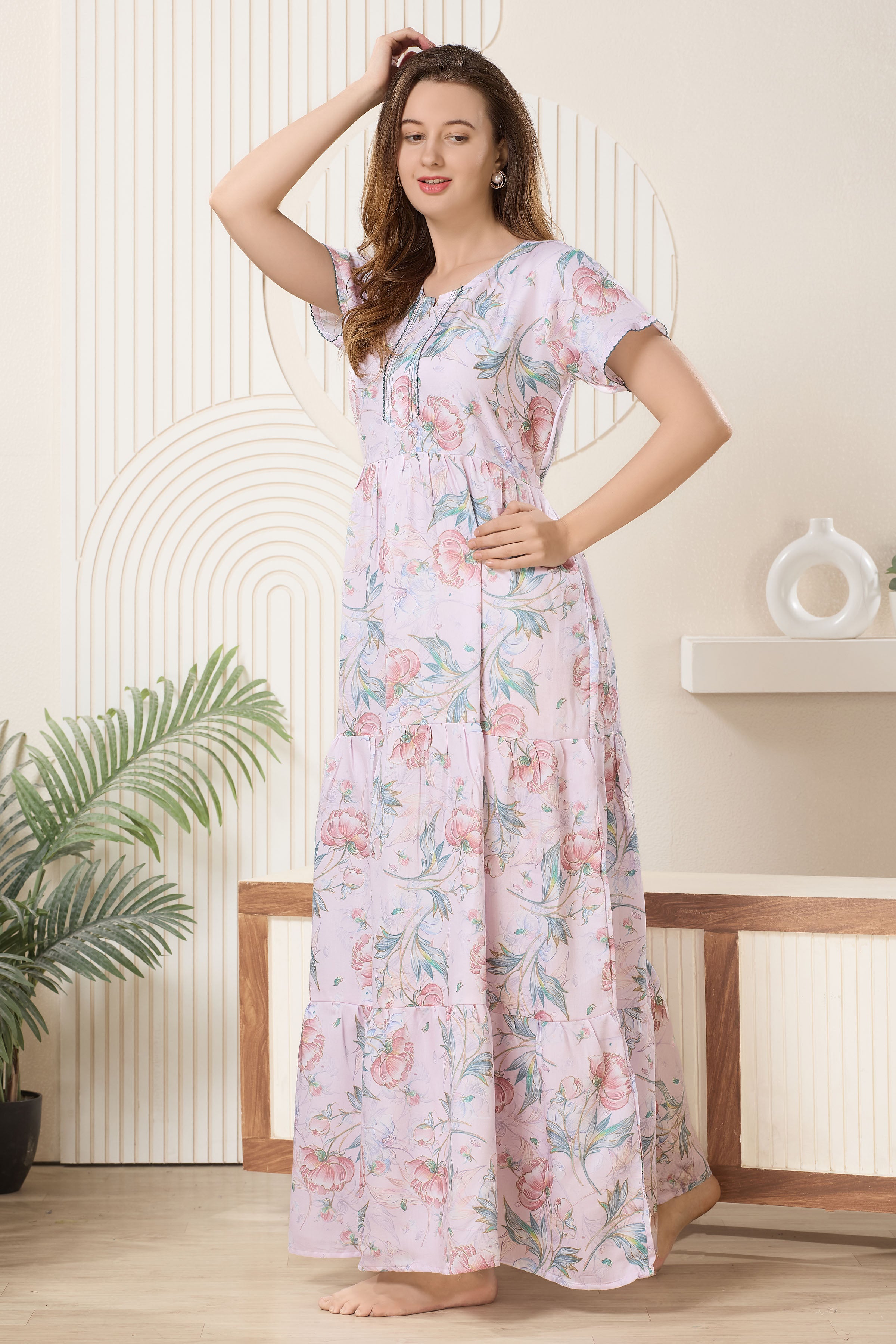 Frock Style Printed Maxi Nightdress Round Neck Short Sleeves