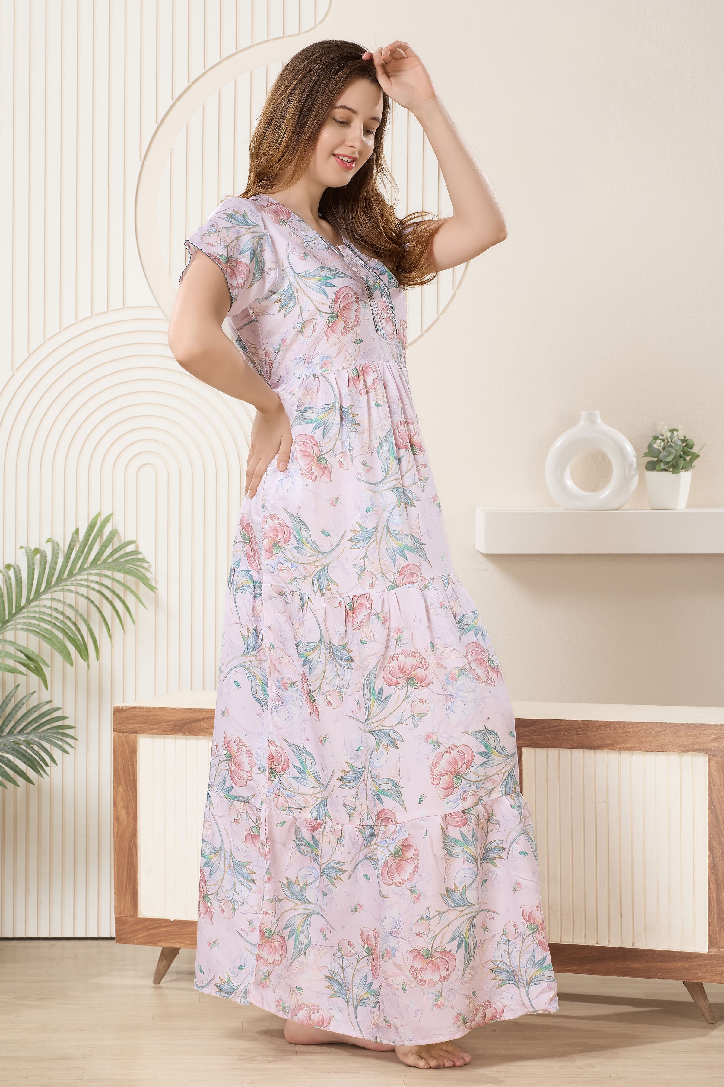 Frock Style Printed Maxi Nightdress Round Neck Short Sleeves