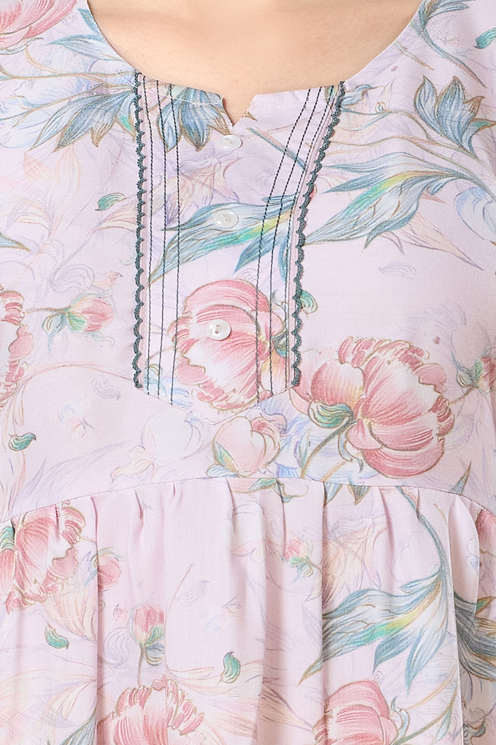 Frock Style Printed Maxi Nightdress Round Neck Short Sleeves