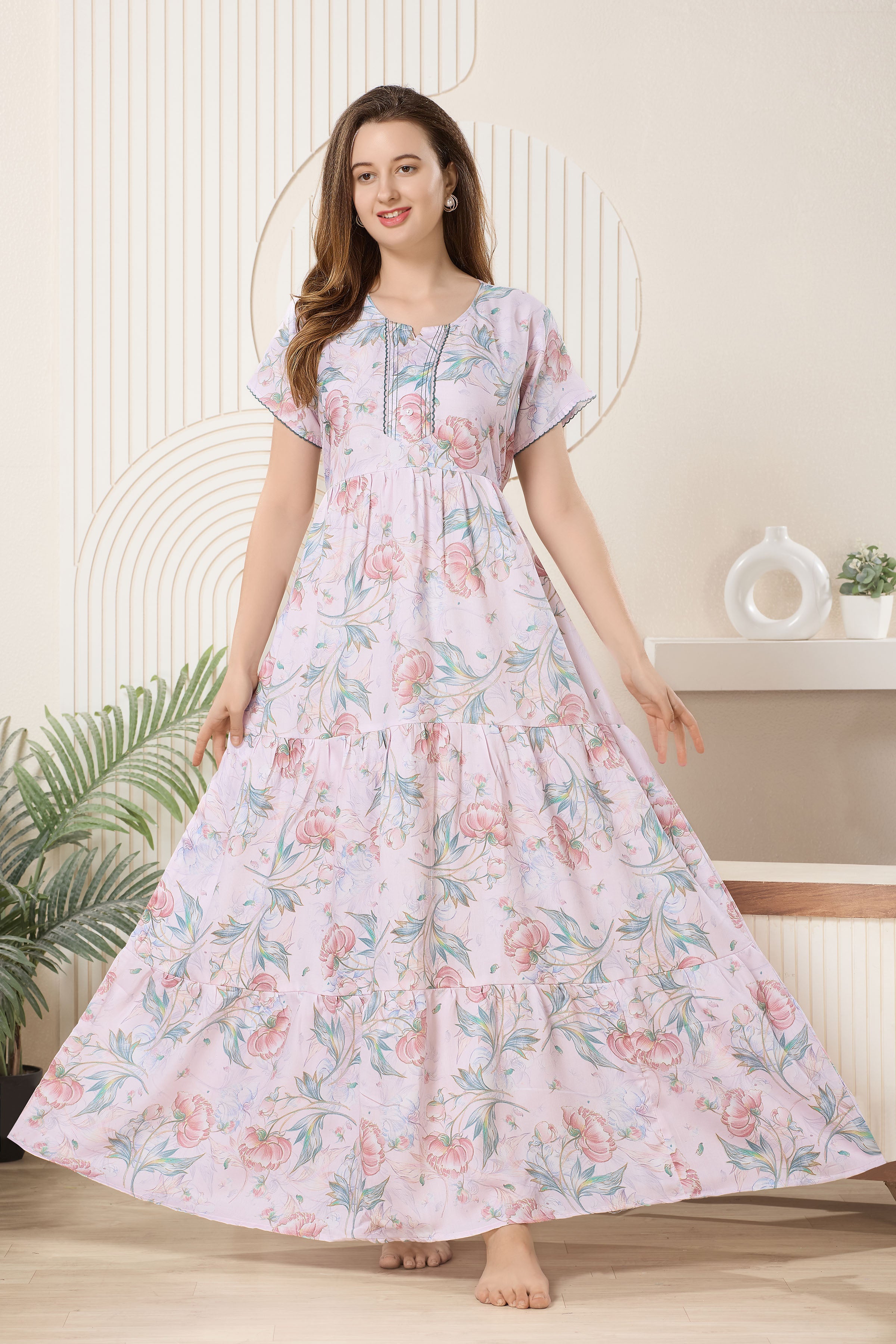 Frock Style Printed Maxi Nightdress Round Neck Short Sleeves