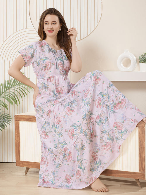Frock Style Printed Maxi Nightdress Round Neck Short Sleeves