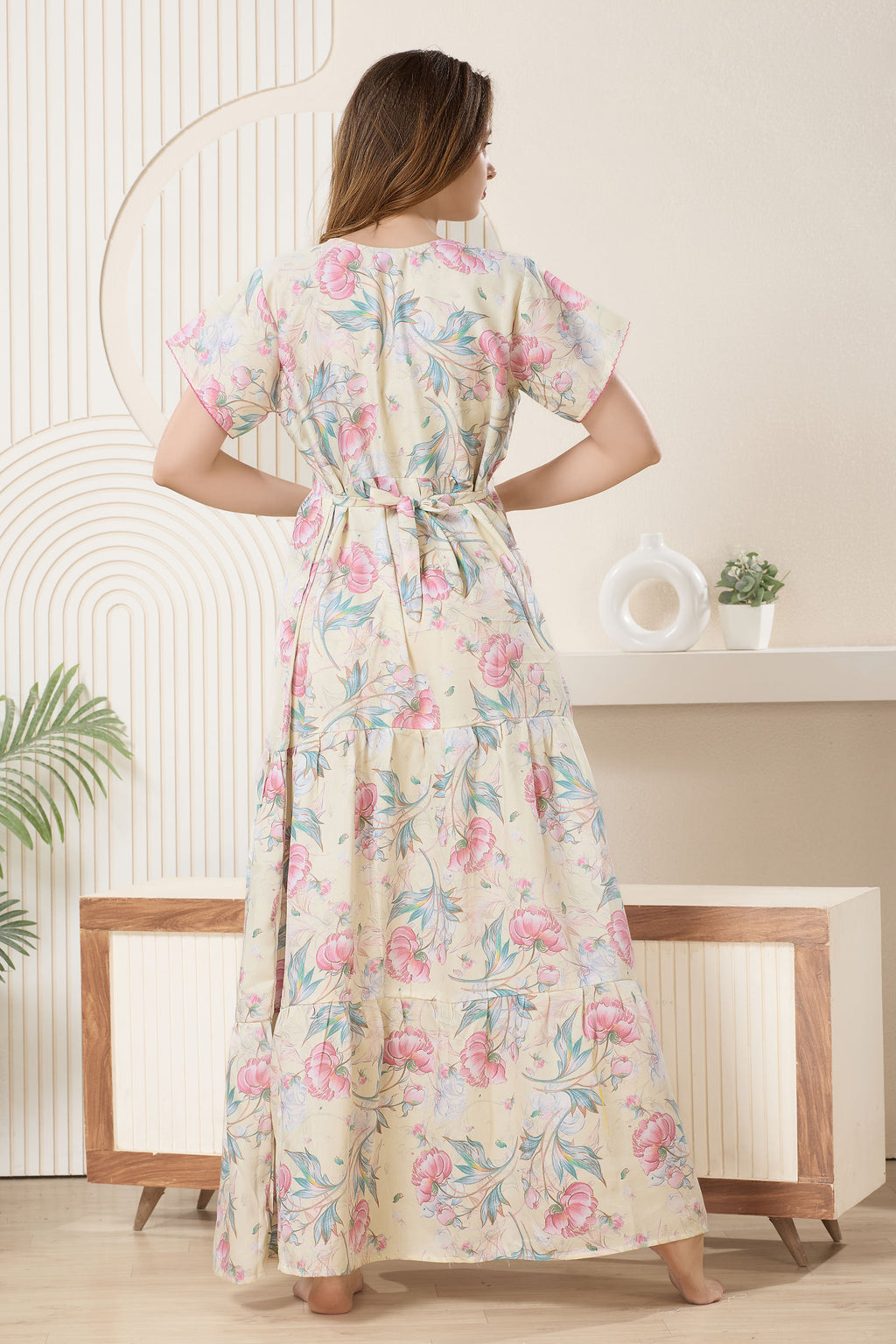 Frock Style Printed Maxi Nightdress Round Neck Short Sleeves