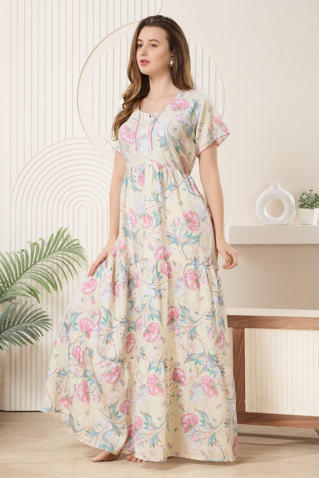 Frock Style Printed Maxi Nightdress Round Neck Short Sleeves