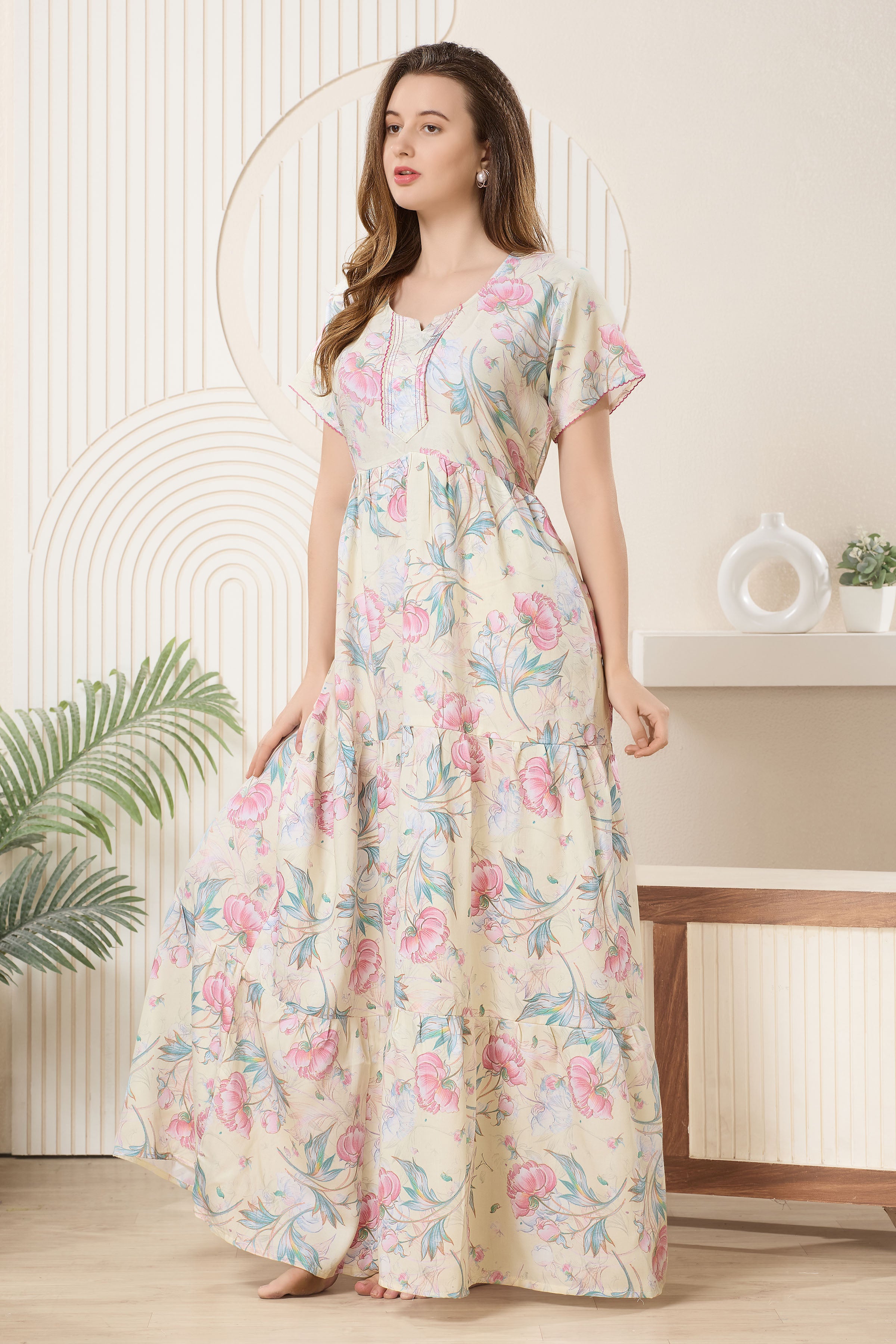 Frock Style Printed Maxi Nightdress Round Neck Short Sleeves