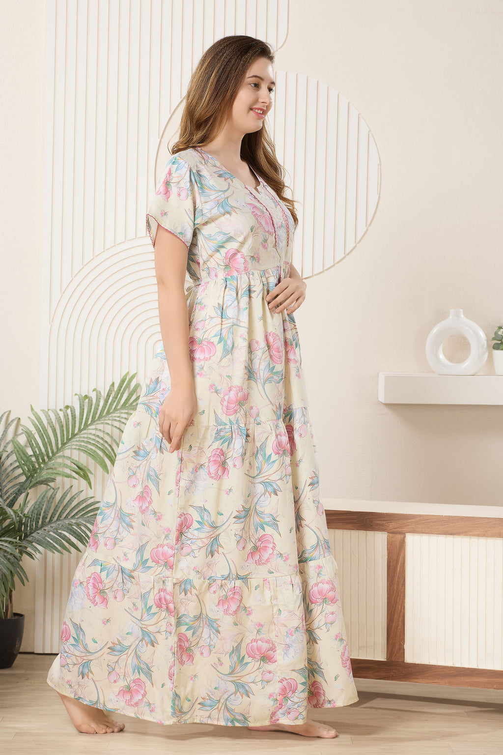 Frock Style Printed Maxi Nightdress Round Neck Short Sleeves