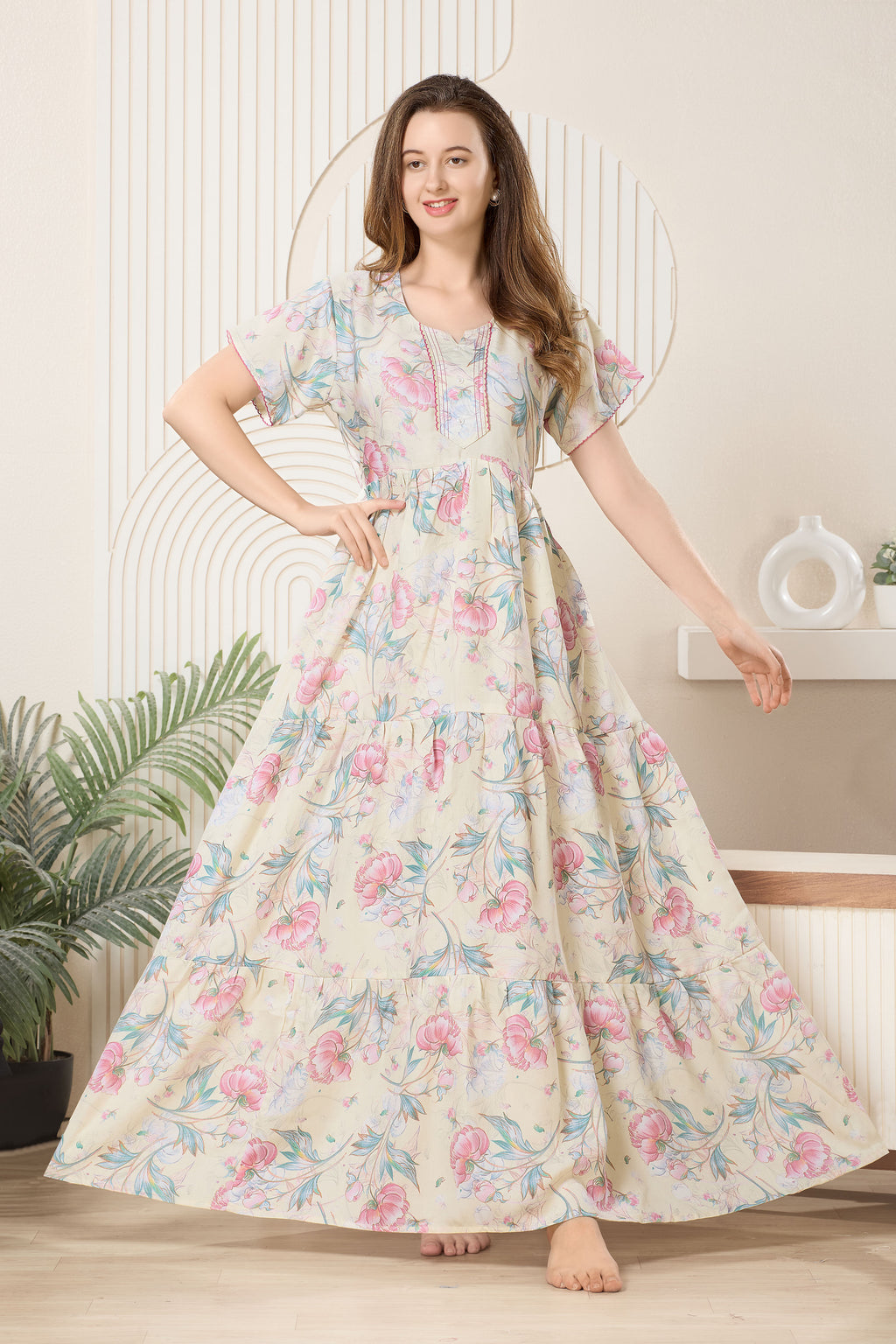 Frock Style Printed Maxi Nightdress Round Neck Short Sleeves