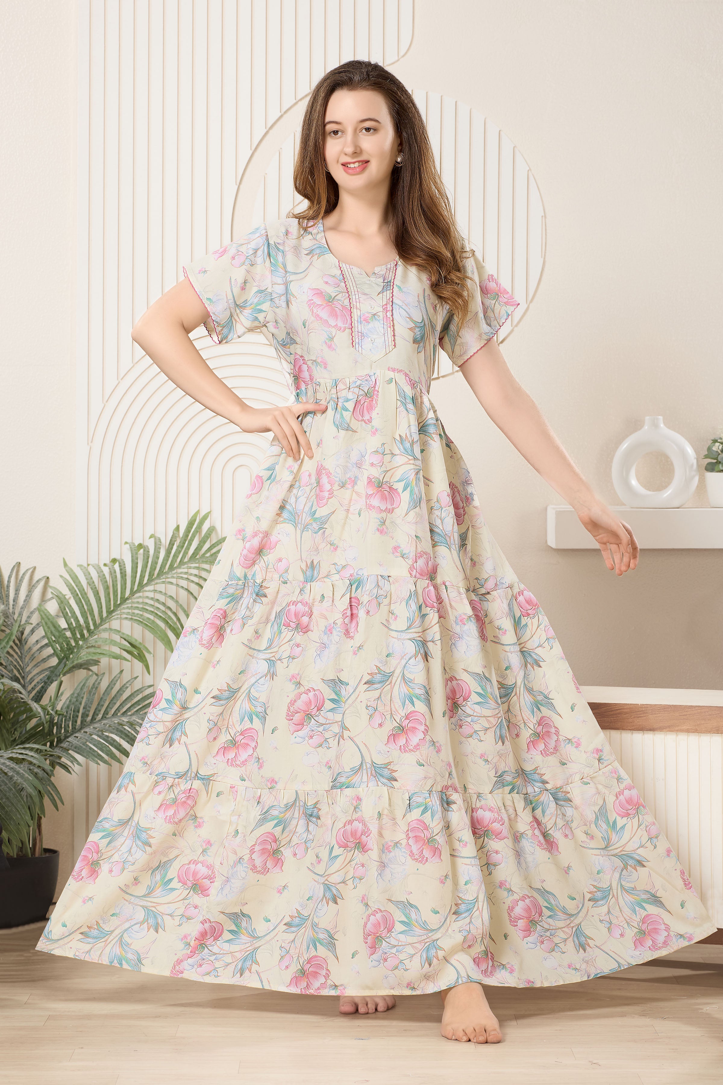 Frock Style Printed Maxi Nightdress Round Neck Short Sleeves