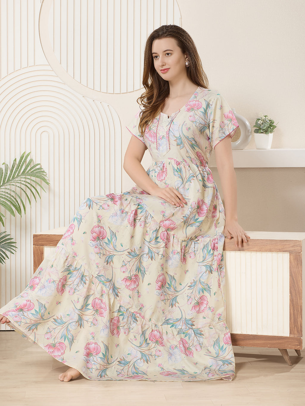 Frock Style Printed Maxi Nightdress Round Neck Short Sleeves