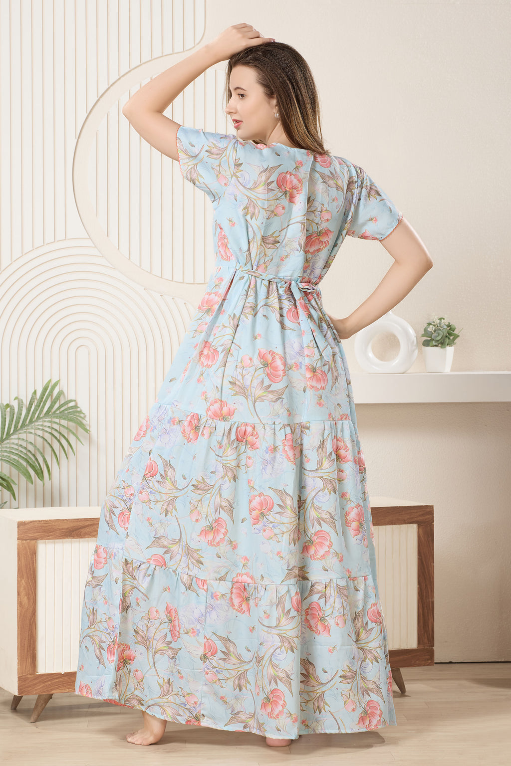 Frock Style Printed Maxi Nightdress Round Neck Short Sleeves