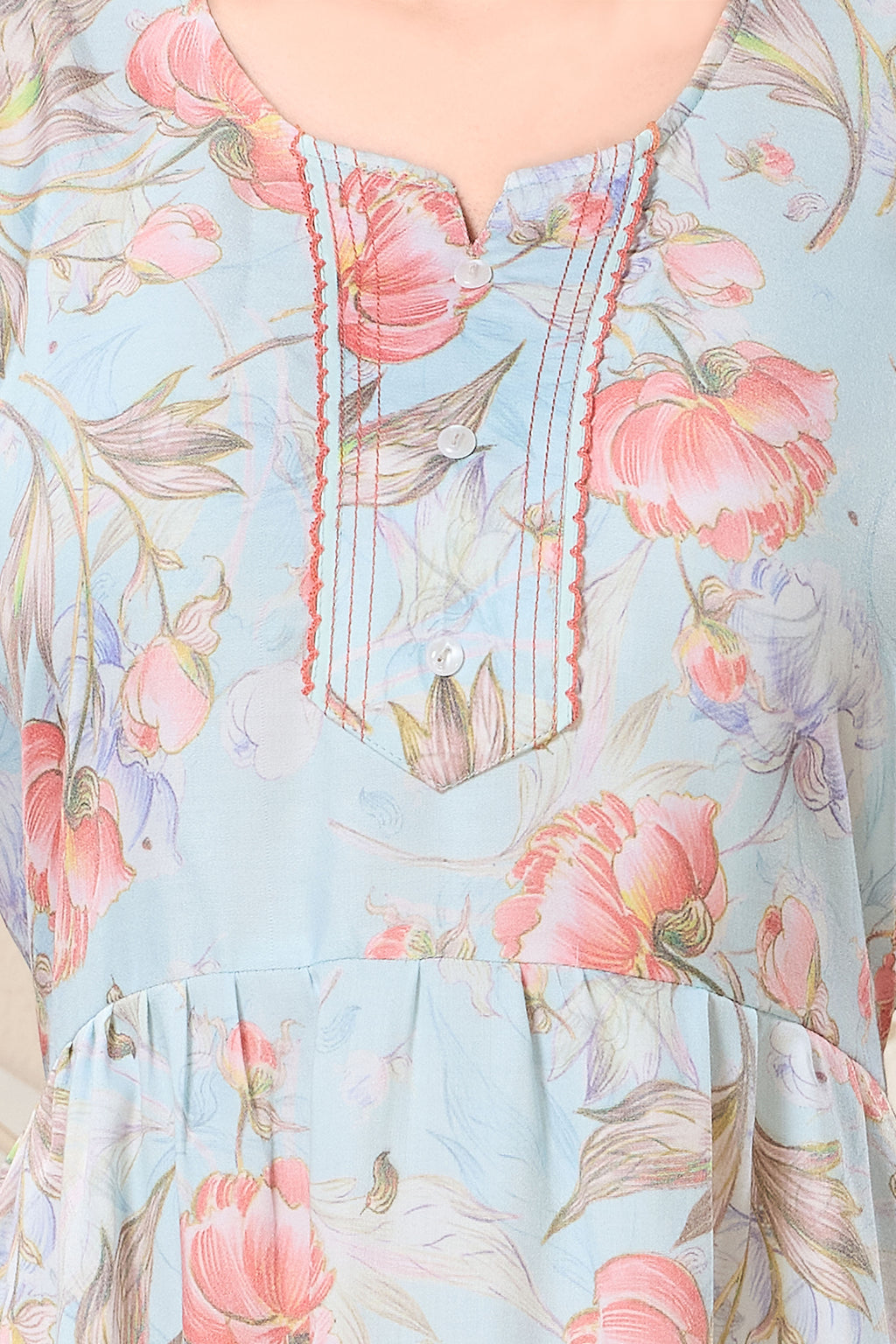 Frock Style Printed Maxi Nightdress Round Neck Short Sleeves