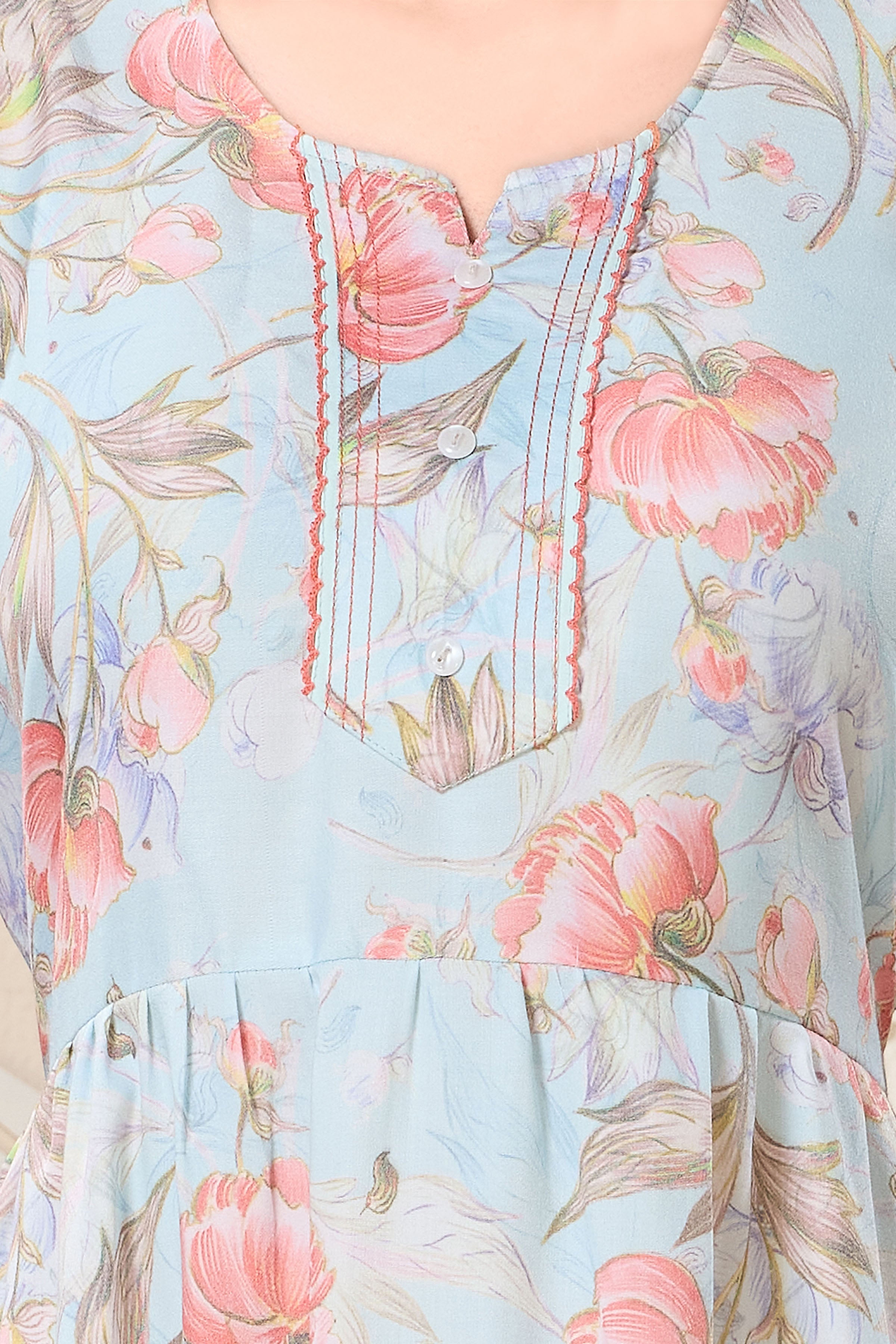 Frock Style Printed Maxi Nightdress Round Neck Short Sleeves