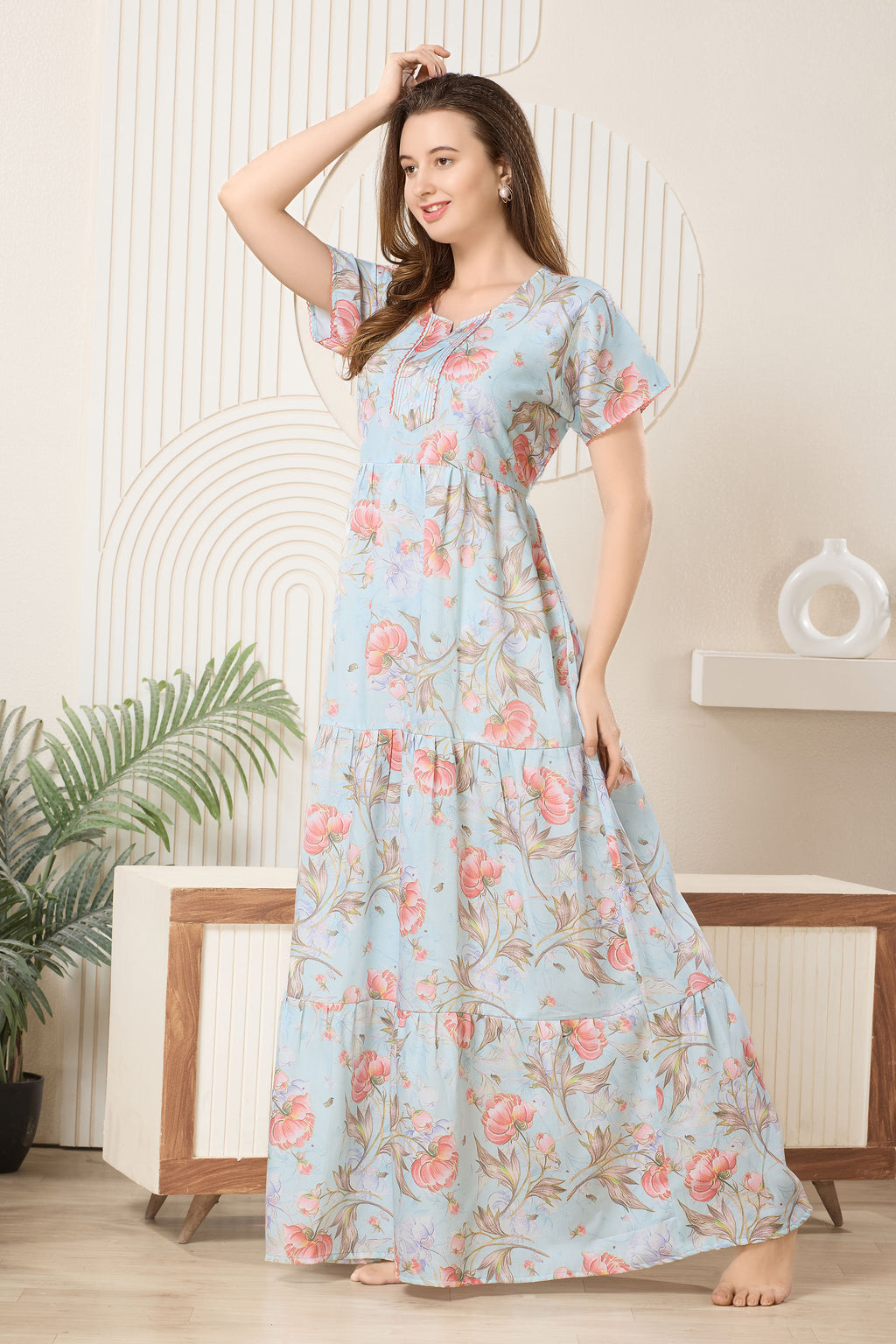 Frock Style Printed Maxi Nightdress Round Neck Short Sleeves