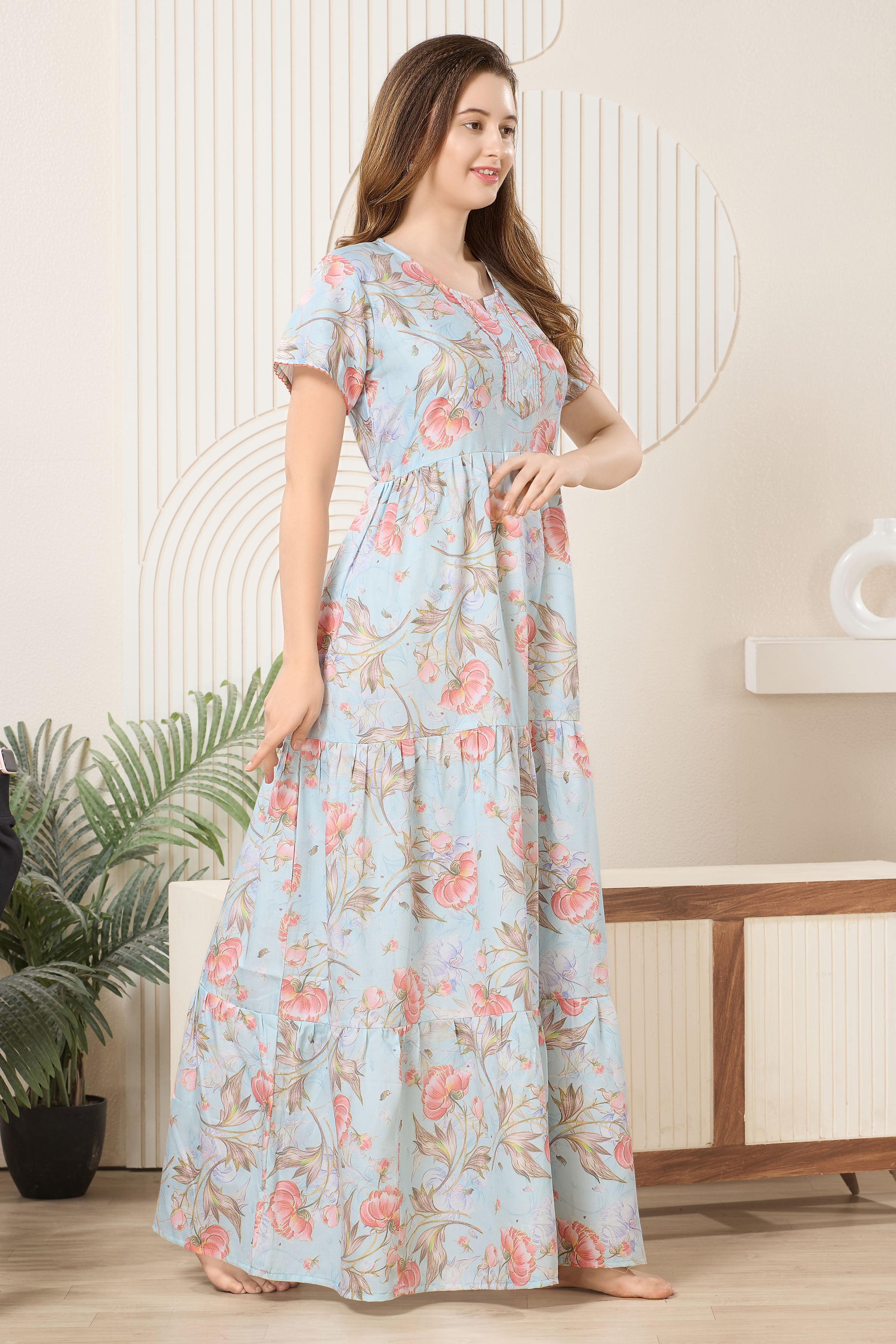 Frock Style Printed Maxi Nightdress Round Neck Short Sleeves