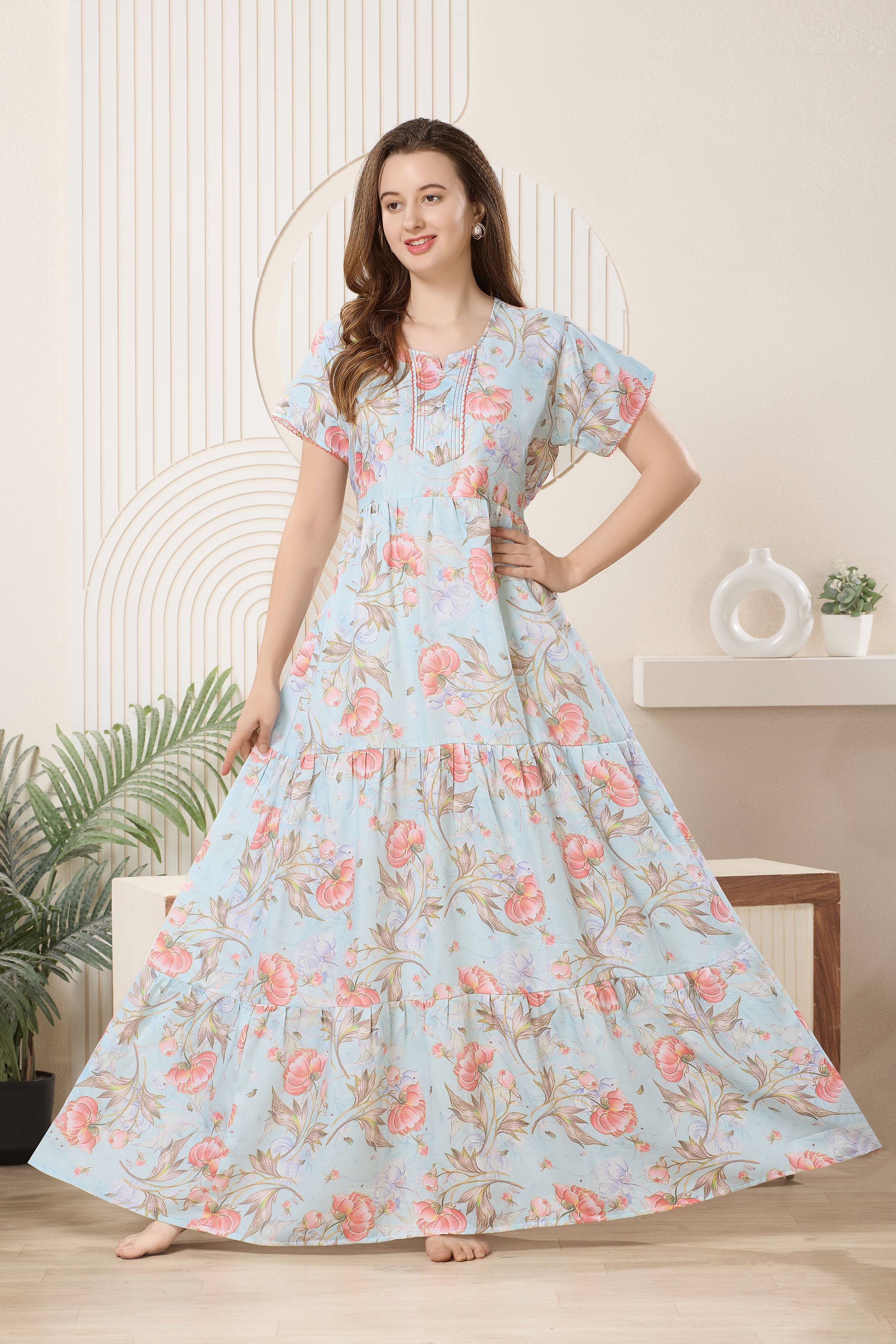 Frock Style Printed Maxi Nightdress Round Neck Short Sleeves
