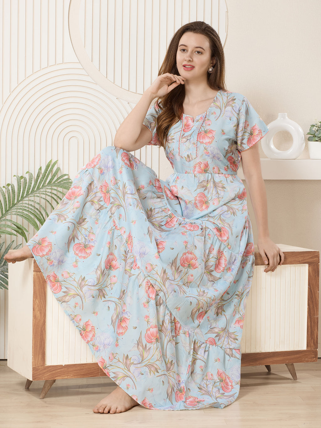Frock Style Printed Maxi Nightdress Round Neck Short Sleeves