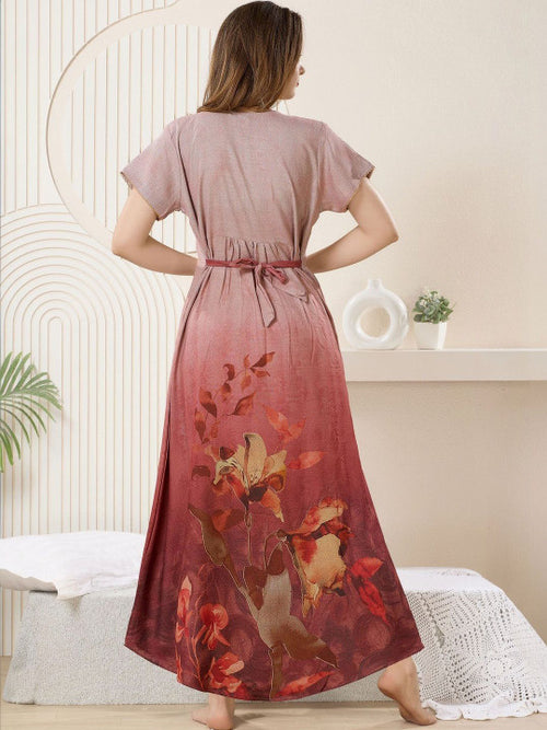 Printed Maxi Nightdress Round Neck Short Sleeves Maroon