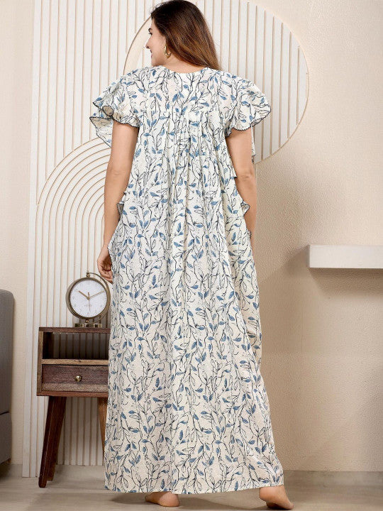 Shree Balaji Maxi Printed Maxi Nightdress Round Neck Short Sleeves Blue