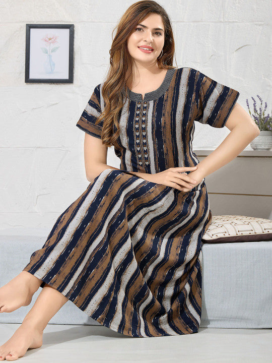 Shree Balaji Maxi Striped Maxi Nightdress Round Neck Short Sleeves Navy Blue