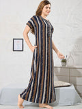 Shree Balaji Maxi Striped Maxi Nightdress Round Neck Short Sleeves Navy Blue