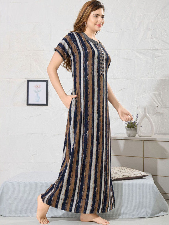 Shree Balaji Maxi Striped Maxi Nightdress Round Neck Short Sleeves Navy Blue