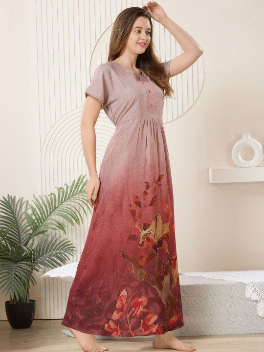 Printed Maxi Nightdress Round Neck Short Sleeves Maroon