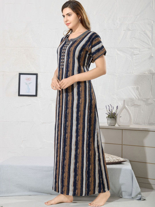 Shree Balaji Maxi Striped Maxi Nightdress Round Neck Short Sleeves Navy Blue