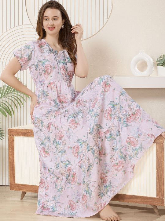 Shree Balaji Maxi Printed Maxi Nightdress Round Neck Short Sleeves Blue