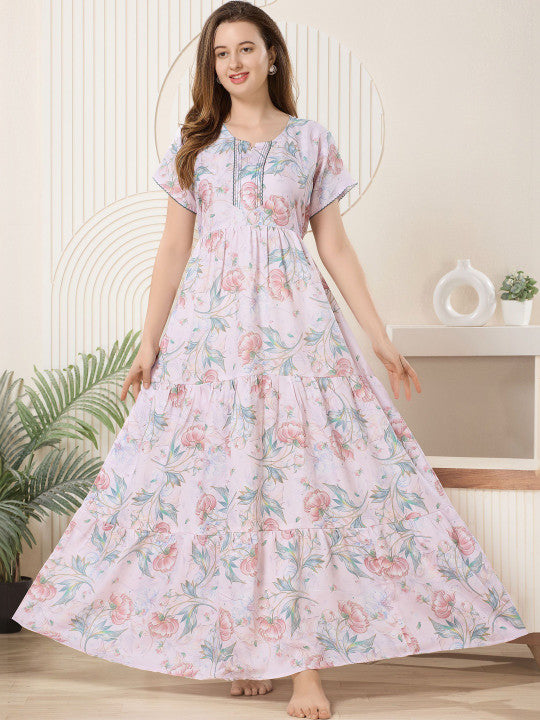 Shree Balaji Maxi Printed Maxi Nightdress Round Neck Short Sleeves Blue