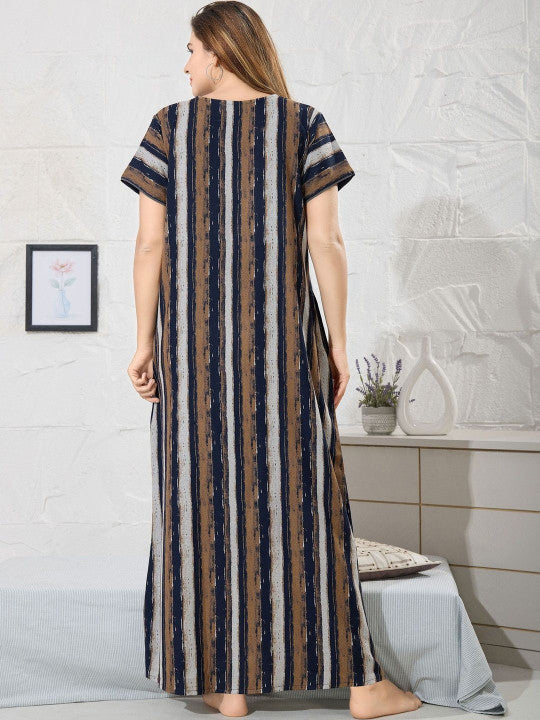 Shree Balaji Maxi Striped Maxi Nightdress Round Neck Short Sleeves Navy Blue