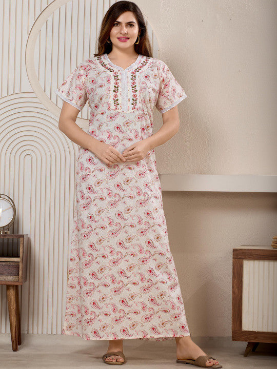 Shree Balaji Maxi Printed Maxi Nightdress Round Neck Short Sleeves Blue