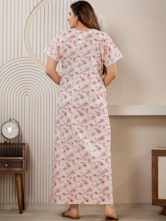 Shree Balaji Maxi Printed Maxi Nightdress Round Neck Short Sleeves Blue