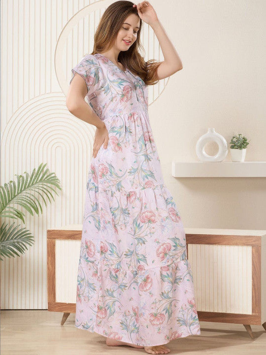 Shree Balaji Maxi Printed Maxi Nightdress Round Neck Short Sleeves Blue