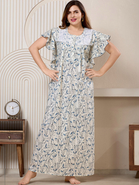 Shree Balaji Maxi Printed Maxi Nightdress Round Neck Short Sleeves Blue